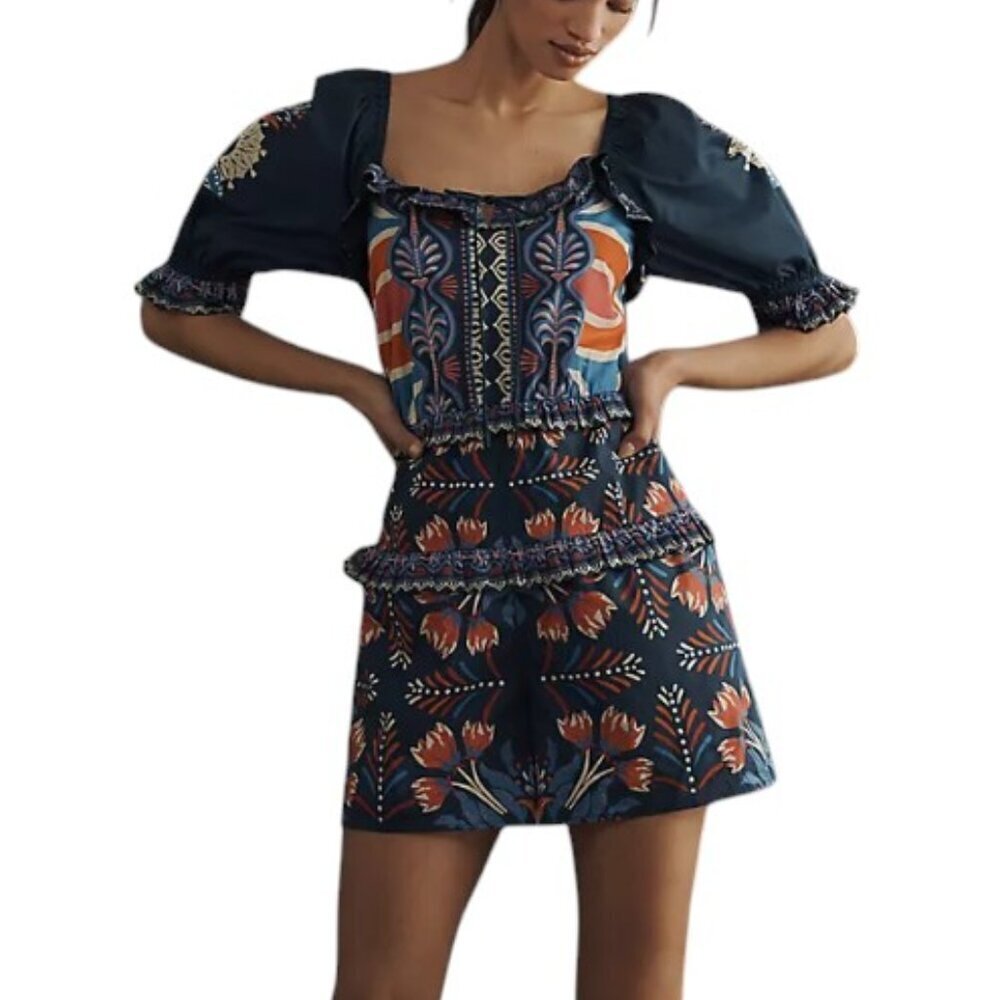 Farm Rio x Anthropologie Puff-Sleeve Ruffled Floral Romper, Picnic, Size M, NWT
